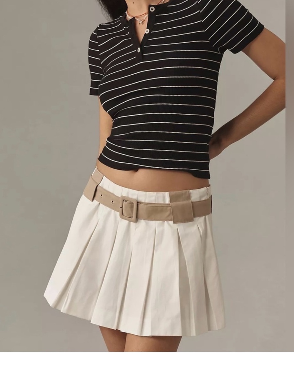 Maeve Pleated Mini Skirt with Contrast Waistband in Cream and Tan